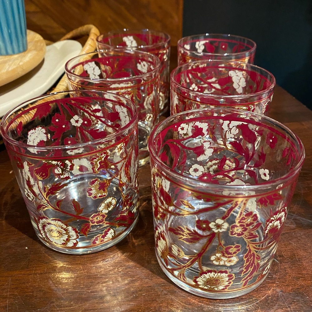 Vintage Culver 22k gold and red floral bar ware